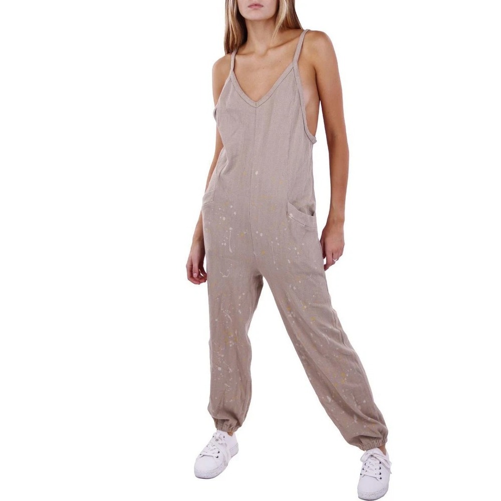 Anthropologie‎ Womens Maronie Jumpsuit Tan Paint Splatter Jogger USA Overalls S